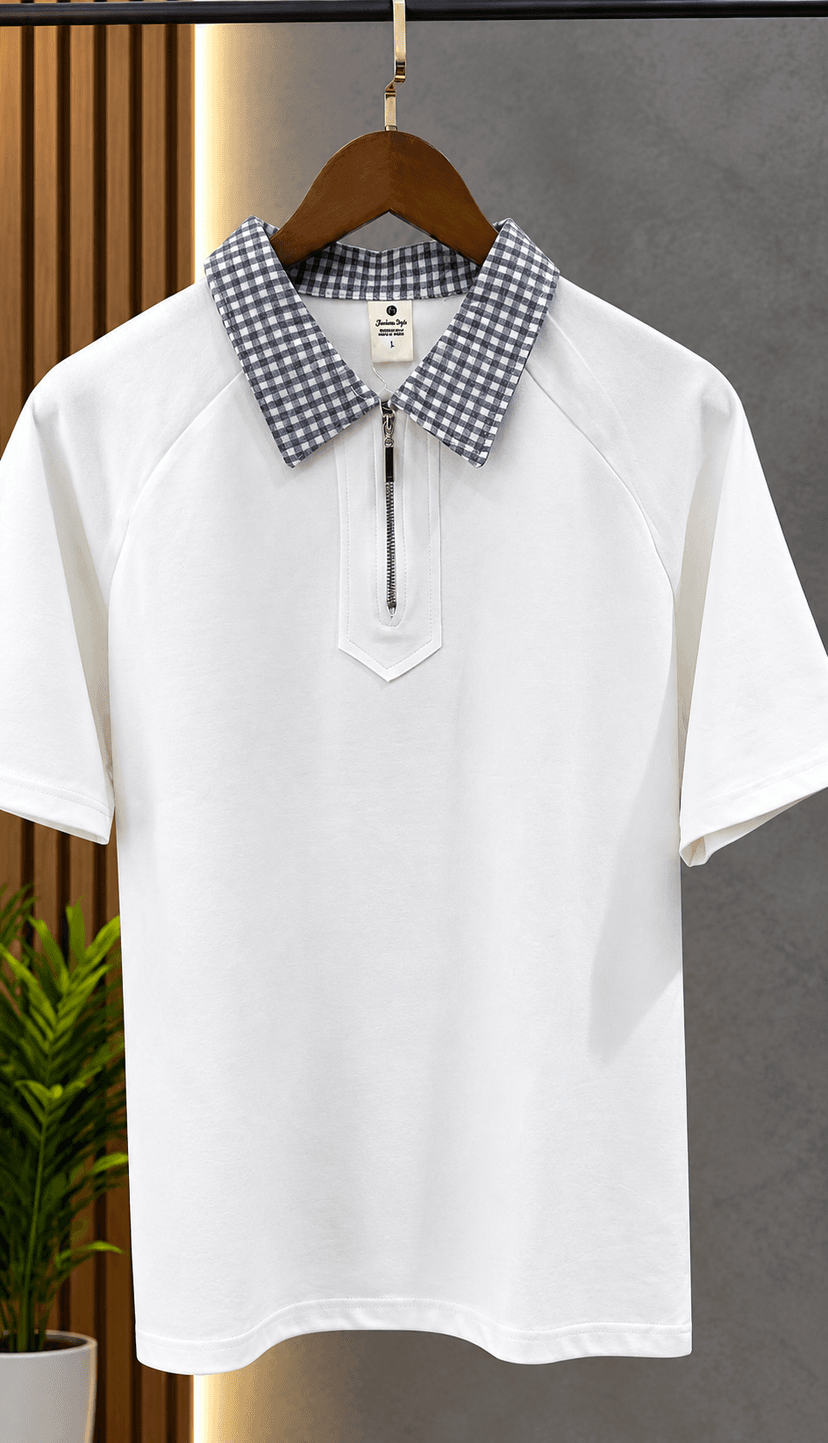 Men's Quarter-Zip Polo Shirt with Plaid Collar - Image 1